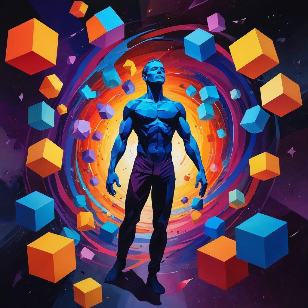 A vibrant and abstract representation of a human figure emerging from a dark, swirling vortex of sadness, transitioning into colorful geometric shapes symbolizing hope and innovation. Surround the figure with Qubic solutions, like floating cubes representing emotional tools, set against a radiant, uplifting background. Emphasize the contrast between melancholy and joy through vivid colors and dynamic movement. surrealism. vibrant colors. abstract.