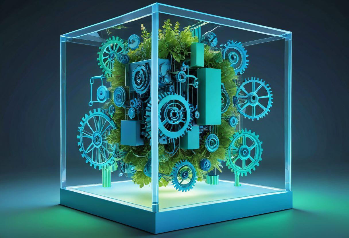 A visually striking 3D representation of a cubic structure symbolizing innovative technology, surrounded by bright, abstract shapes that represent mental well-being and emotional growth. Integrate soothing colors that evoke tranquility, such as soft blues and greens, while incorporating symbols like gears and light bulbs to signify creativity and problem-solving. Make the background a gradient that suggests a digital landscape. 3D. vibrant colors. soft gradient background.